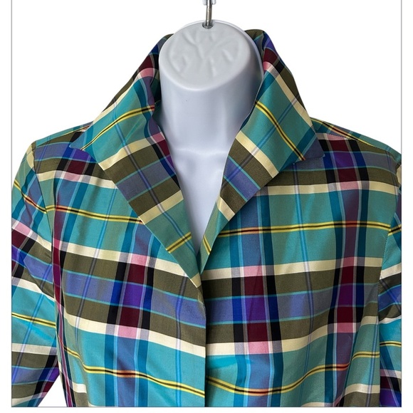 Marisa Baratelli Thai Silk Fitted Blouse Blue Plaid 3/4 Sleeve Excellent Size 6 - Picture 3 of 8